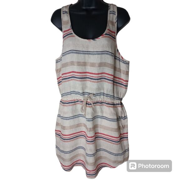 Hinge Women Dress Beige Striped 100% Linen Sleeveless Mini Waist Drawstring Sz 1 - Picture 1 of 11